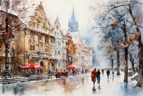 Christmas Street Market Watercolor - A whimsical watercolor painting of a bustling Christmas street market  filled with stalls selling holiday treats and gifts  and people bundled up in - AI Generated