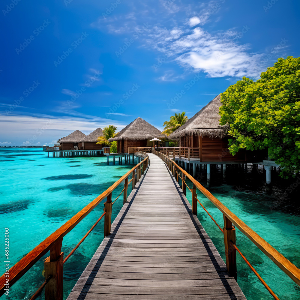 Tropical paradise. Luxury panorama view on Maldives resort on seascape background. Bungalow, villas on beautiful exotic beach on the ocean. Spa, leisure, concept. Honeymoon recreation.Generative ai