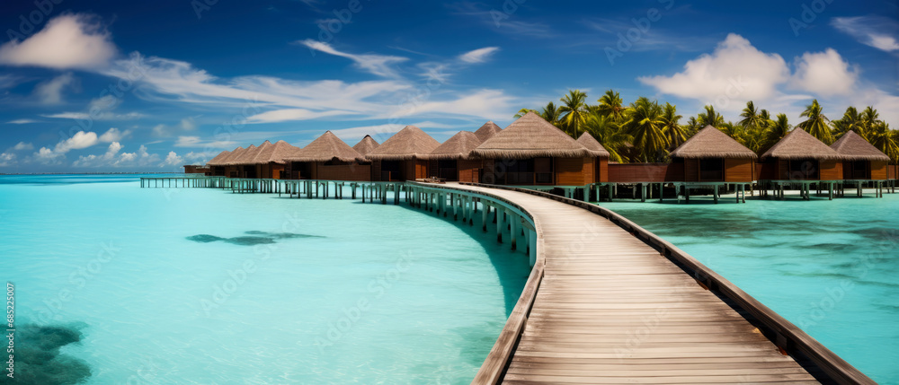 Tropical paradise. Luxury panorama view on Maldives resort on seascape background. Bungalow, villas on beautiful exotic beach on the ocean. Spa, leisure, concept. Honeymoon recreation.Generative ai