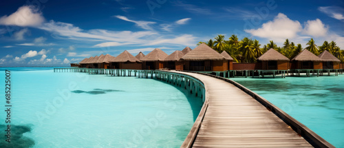 Tropical paradise. Luxury panorama view on Maldives resort on seascape background. Bungalow  villas on beautiful exotic beach on the ocean. Spa  leisure  concept. Honeymoon recreation.Generative ai