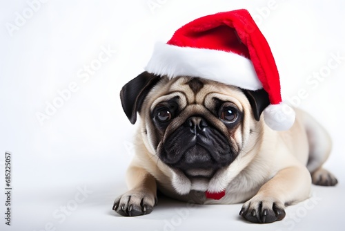 Adorable Small Dog Wearing Santa Hat for Festive Holiday Greetings on White Background Generative AI © Sheela