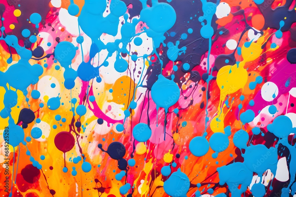 Vibrant and Colorful Abstract Painting with Dynamic Splatters and Drips in a Playful and Energetic Composition Generative AI