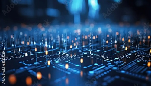 Abstract technology background with illuminated fiber optic connections, digital technology blue circuit board, quantum computing network system and electronic global intelligence