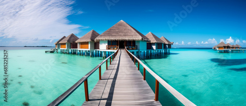 Tropical paradise. Luxury panorama view on Maldives resort on seascape background. Bungalow, villas on beautiful exotic beach on the ocean. Spa, leisure, concept. Honeymoon recreation.Generative ai © Inai