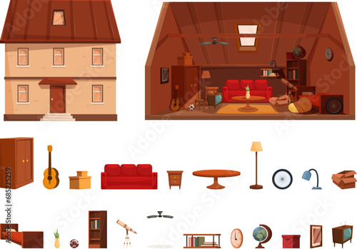 Garret icons set cartoon vector. Attic loft house. Home room wood