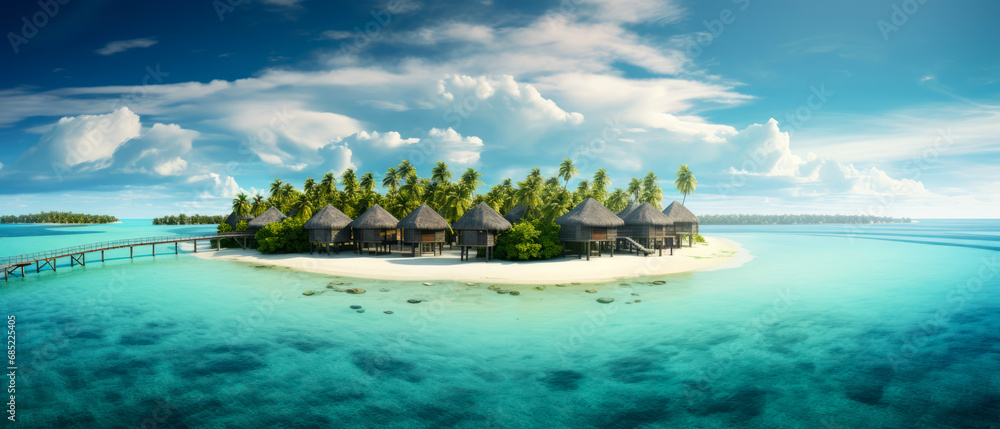 Tropical paradise. Luxury panorama view on Maldives resort on seascape background. Bungalow, villas on beautiful exotic beach on the ocean. Spa, leisure, concept. Honeymoon recreation.Generative ai - obrazy, fototapety, plakaty 
