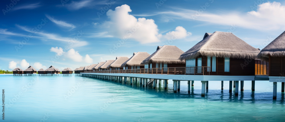 Tropical paradise. Luxury panorama view on Maldives resort on seascape background. Bungalow, villas on beautiful exotic beach on the ocean. Spa, leisure, concept. Honeymoon recreation.Generative ai