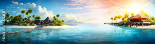 Tropical paradise. Luxury panorama view on Maldives resort on seascape background. Bungalow, villas on beautiful exotic beach on the ocean. Spa, leisure, concept. Honeymoon recreation.Generative ai photo