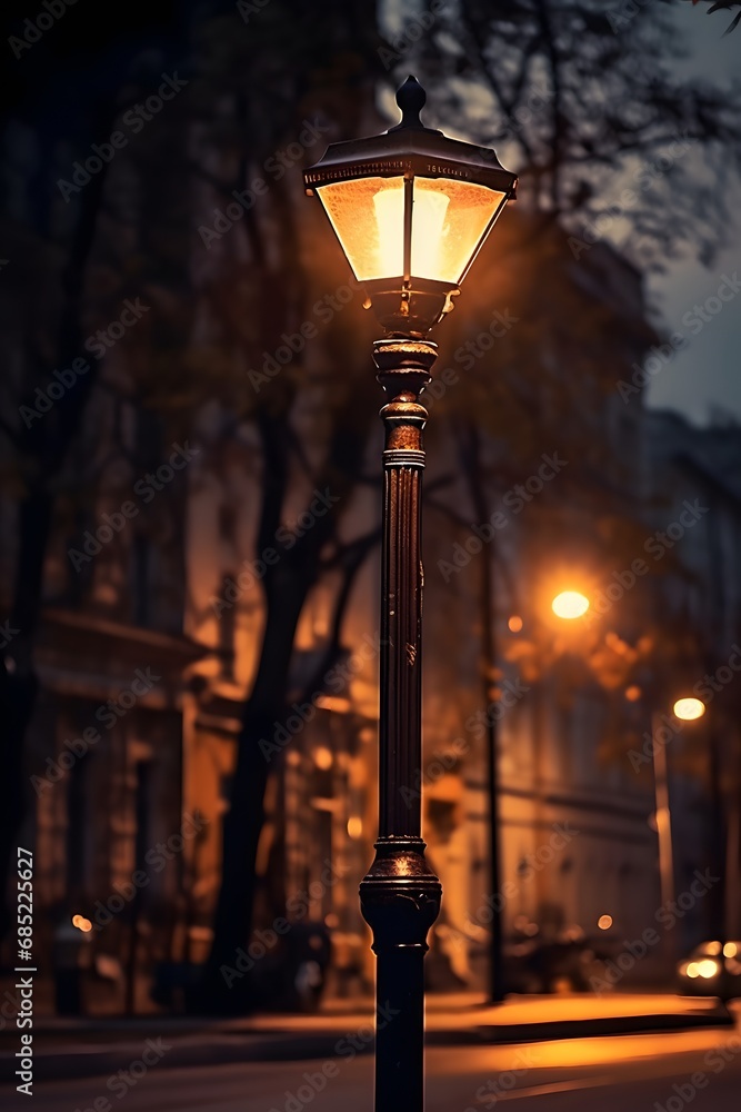 Nighttime Illumination Street Light on Pole Casting Warm Glow on Quiet Street Generative AI