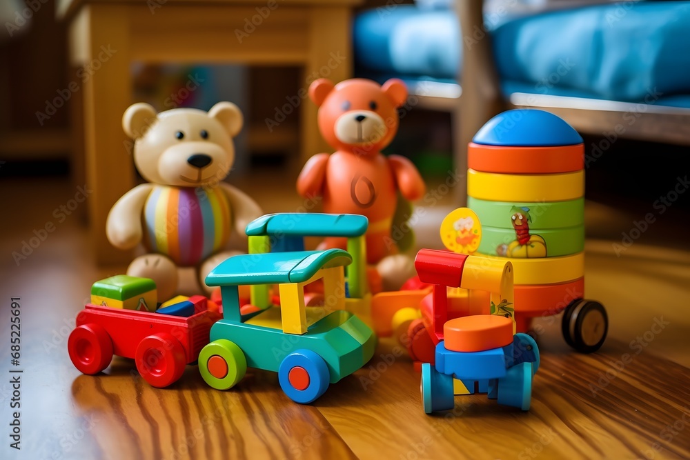 Fototapeta premium Three Adorable Teddy Bears Playing with a Colorful Toy Train on the Floor Generative AI