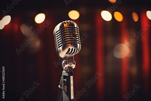 Vintage Microphone on Red Curtain Background for Music and Performance Concepts Generative AI