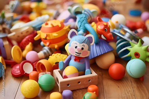 Adorable Teddy Bear Surrounded by Colorful Toys in a Playful Box for Kids' Entertainment Generative AI