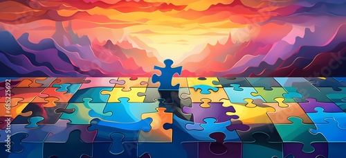 Man standing triumphantly on puzzle piece with stunning sunset in the background, representing success and achievement. Generative AI