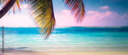 Close up of palm leaves on exotic tropical beach with sunlight, bokeh. View on ocean and coastline. Vacation, leisure mockup, banner. Suny natural background. Generative ai