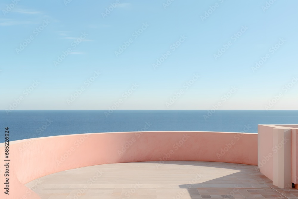 Vibrant Pink Wall Against Serene Blue Ocean Background - Colorful Coastal Landscape Generative AI