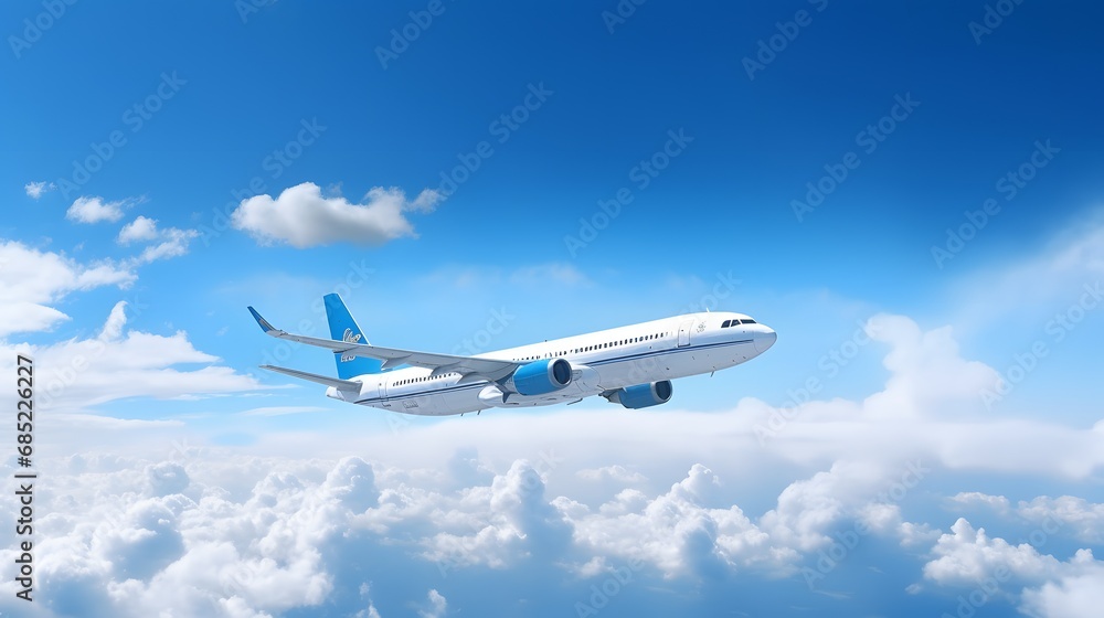 Obraz premium Commercial airliner soaring above fluffy white clouds in a clear blue sky Generative AI