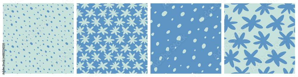 Hand Drawn Childish Style Seamless Vector Patterns. Abstract Doodle Style Dots and Flowers Isoalted on a Light Mint Blue and Tranquil Blue Background.Cute Simple Irregular Geometric Endless Print.RGB.