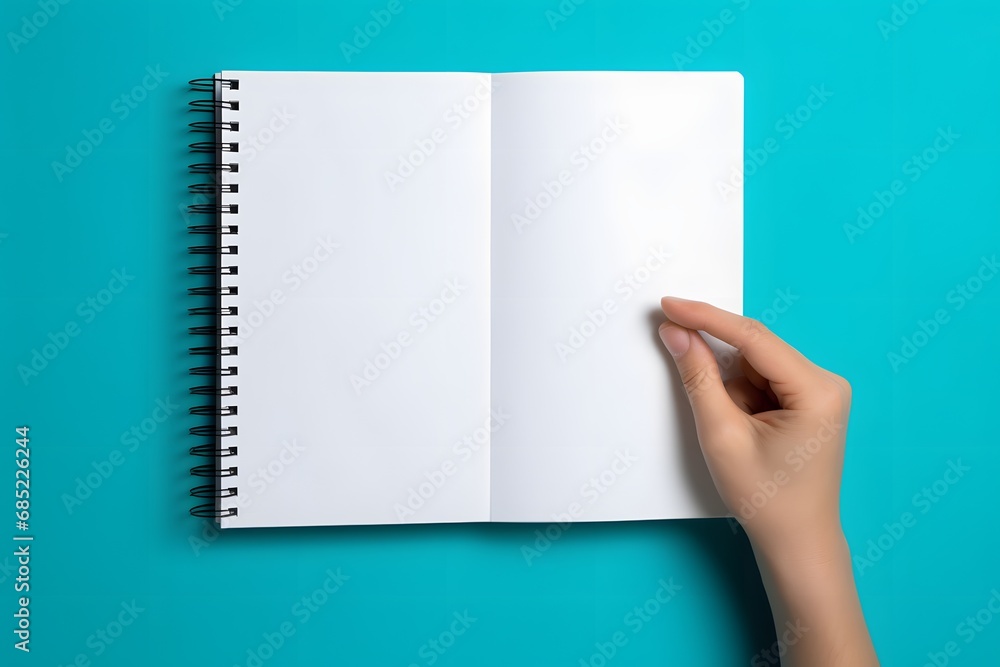 Blank Notebook in Hand on Vibrant Blue Background with Copy Space for Text or Design Elements Generative AI Blank Notebook in Hand on Vibrant Blue Background with Copy Space for Text or Design Elements Generative AI