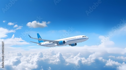 Commercial airliner soaring above fluffy white clouds in a clear blue sky Generative AI