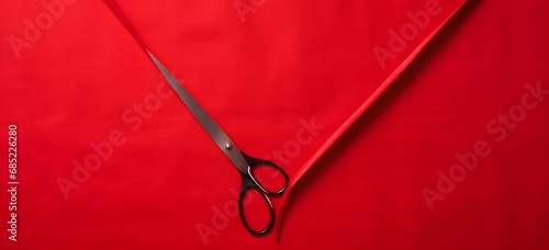 Sharp and Precise Close-Up of Scissors on Vibrant Red Cloth for Crafting and Sewing Projects Generative AI photo
