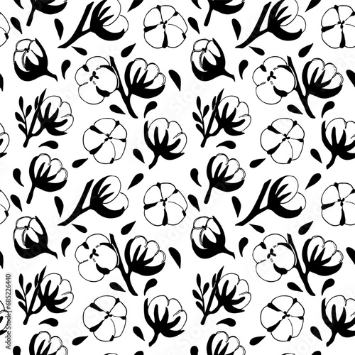   Seamless pattern with cotton flowers and leaves. Cotton balls, cotton fiber vector illustration. Perfect for wrapping paper or fabric.
