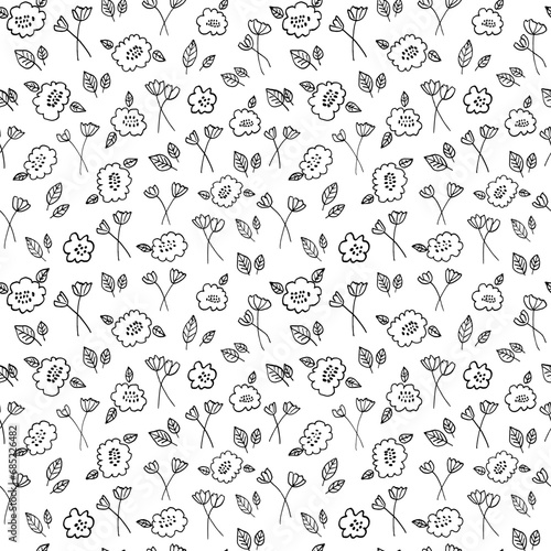 Floral chintz seamless pattern with silhouettes flowers chamomile, aster, rose and eaves. Black and white hand drawn botanical background. Monochrome botanical wallpaper with simple plants 