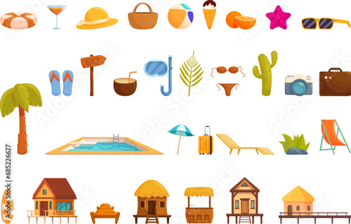 Tropical hotel icons set cartoon vector. Sea beach villa. Exotic coast resort