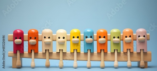 Colorful Wooden Toy Collection Arranged on Blue Background for Playtime and Learning Fun Generative AI photo