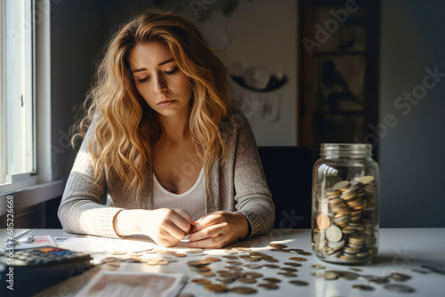Sad depressed woman standing in front of a table with tax documents for paying tax and saving in jars.