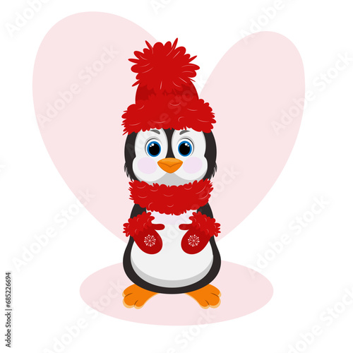 Christmas penguin character. Happy new year penguin design with heart. Stock holiday vector animal illustration