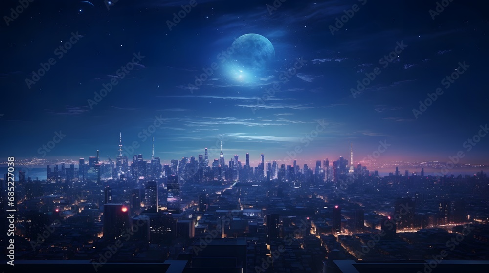 Full Moon Illuminates the Vibrant Cityscape at Night with Glowing Lights and Reflections on the Water Generative AI