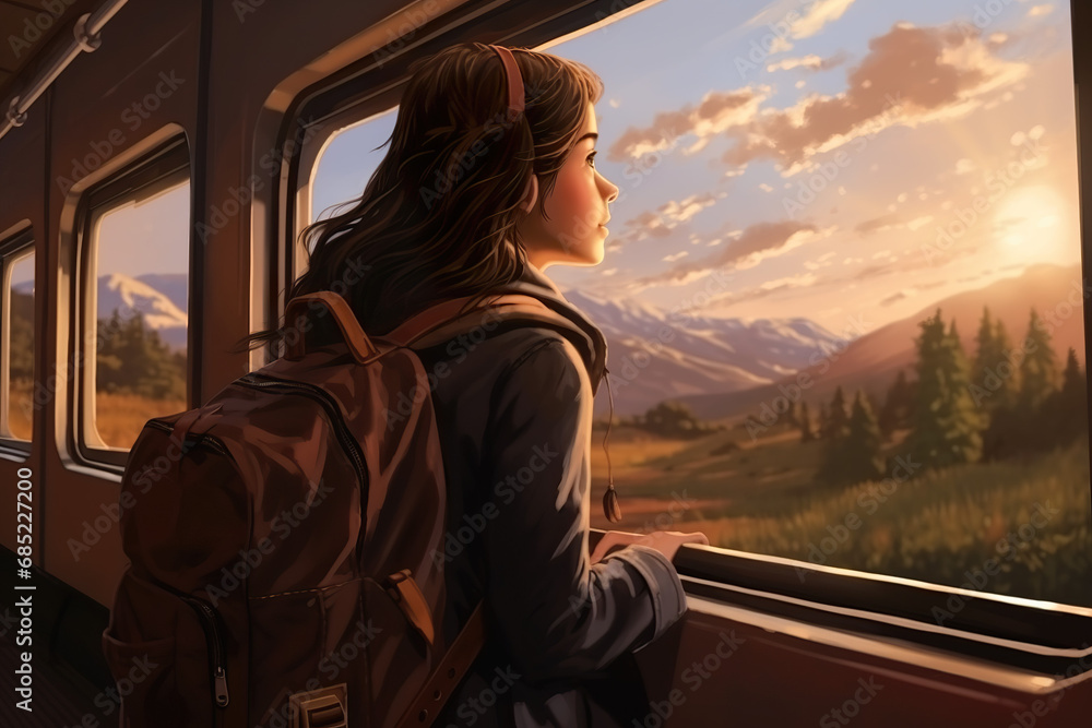 An anime girl looks out of a train window at the beautiful nature - obrazy, fototapety, plakaty 