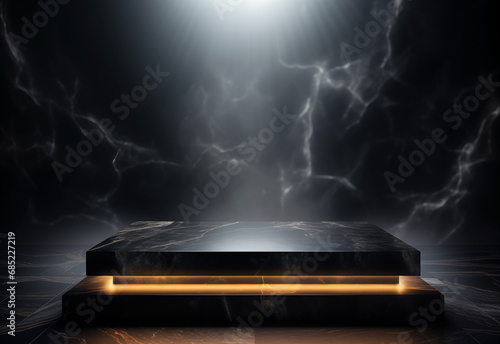 black stone rectangular onyx pedestal stage podium with golden light and smoke on black background, for product display presentation and advertising, copy space