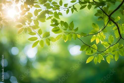 Golden rays of sunlight filtering through lush green foliage of a serene forest Generative AI