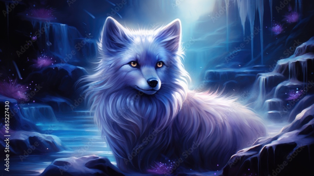 A painting of a white wolf sitting on a rock.