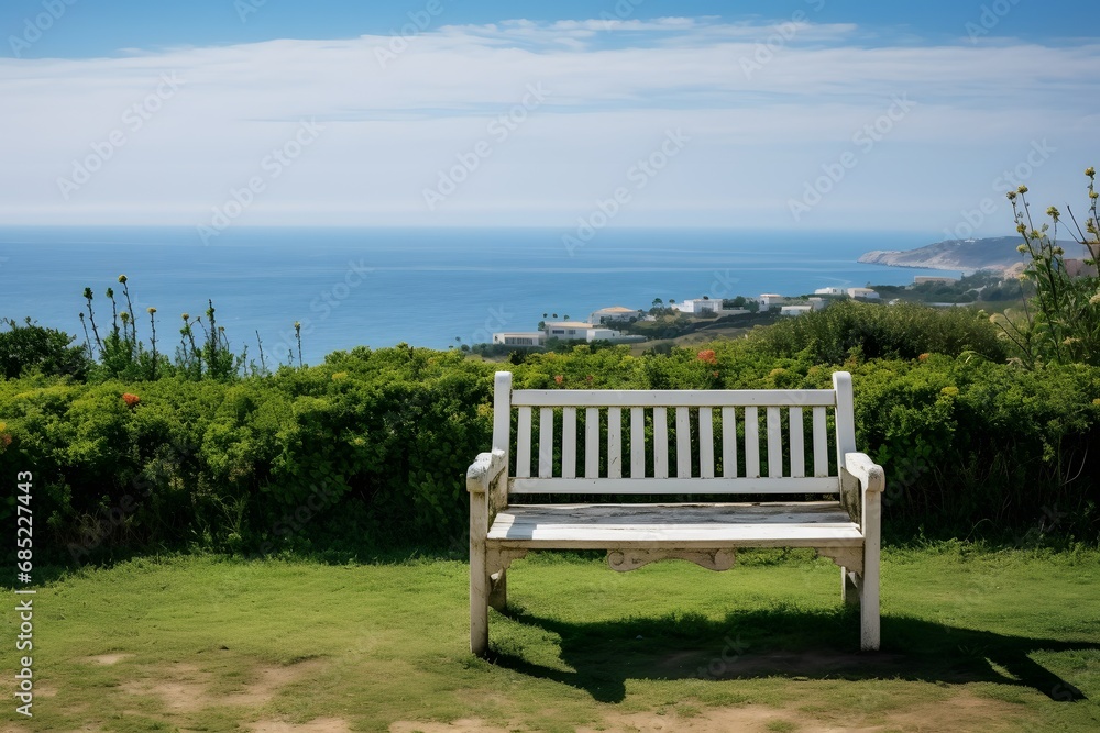 Serene Seaside Escape White Bench on Lush Green Grass Overlooking the Ocean Generative AI Serene Seaside Escape White Bench on Lush Green Grass Overlooking the Ocean Generative AI