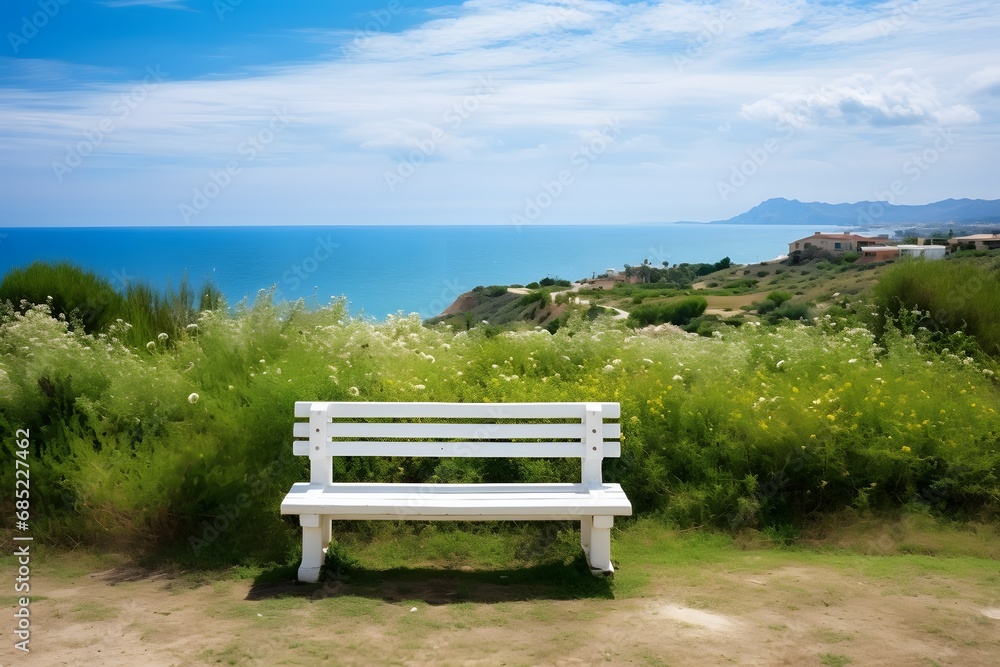 Serene Seaside View White Bench on Hilltop Overlooking Majestic Ocean Waves Generative AI