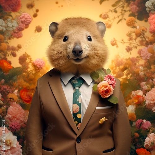 quokka in a smart suit surrounded by a surreal garden full of blossom flowers photo