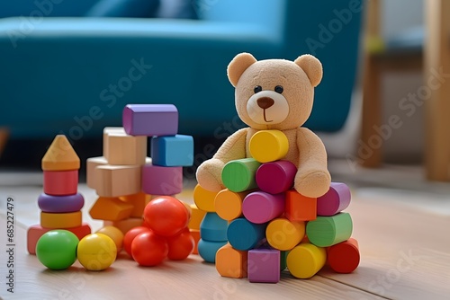 Adorable Teddy Bear Sitting on Colorful Stack of Building Blocks for Playtime and Learning Generative AI