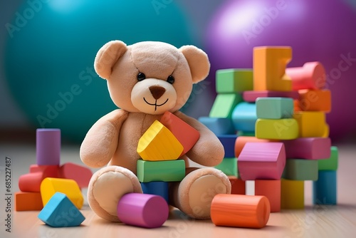 Adorable Teddy Bear Playing with Colorful Blocks on the Floor in a Cozy Room for Kids' Playtime and Learning Generative AI