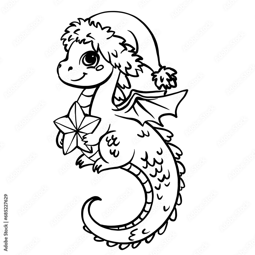 Obraz premium cute baby dragon in santa hat with star line sketch isolated on white background . cartoon character, green wood symbol of new 2024 year. Christmas design for greeting card, sticker and print