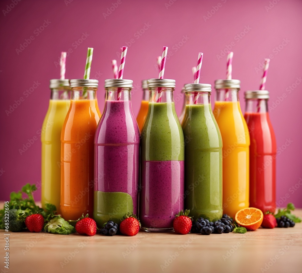 Bottles of colorful smoothies on wooden table, close up. Bottles of colorful smoothies on wooden table, close up.