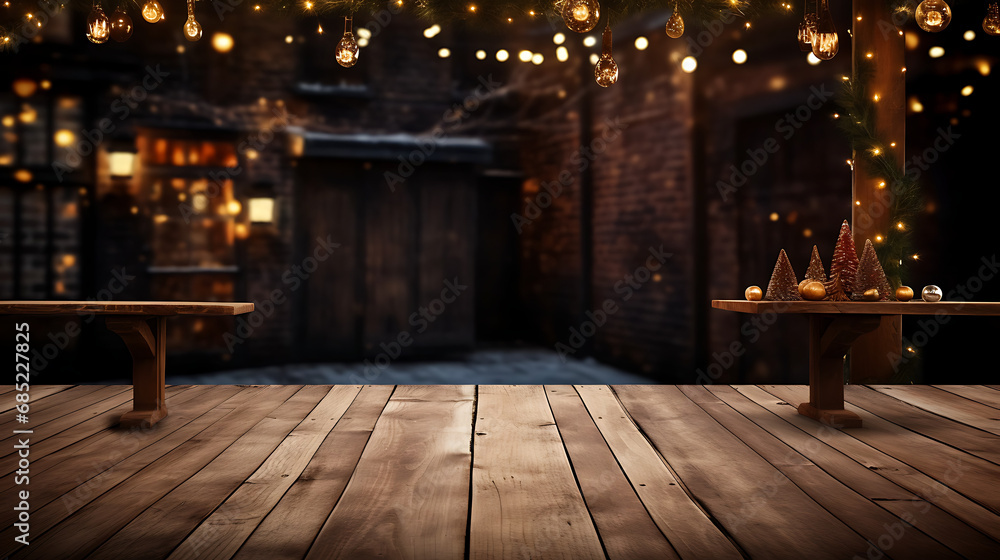 Empty wooden table with christmas theme in background Empty wooden table with christmas theme in background