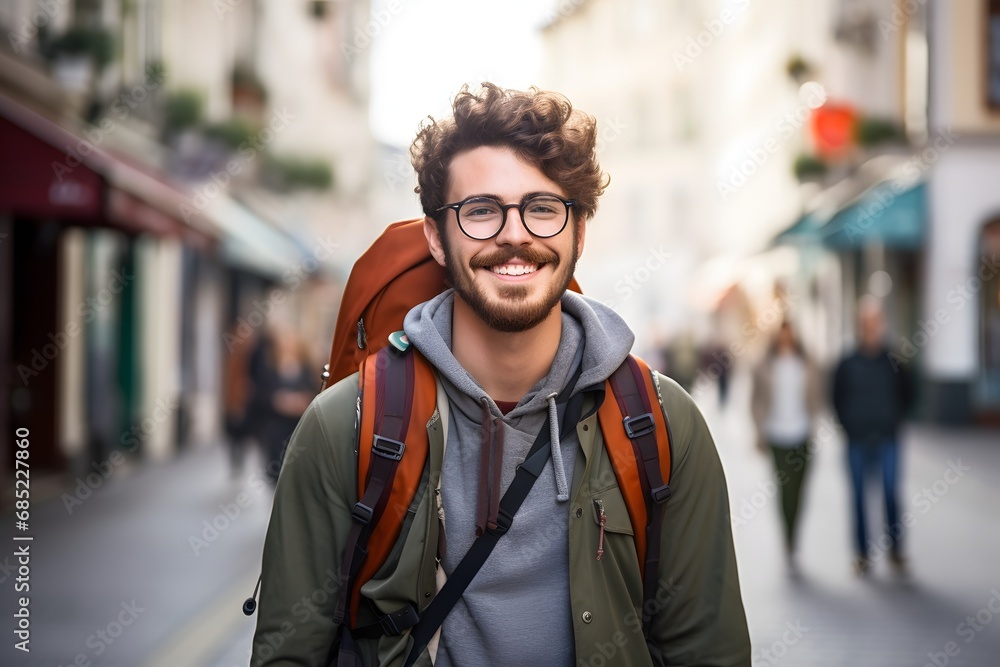 Happy traveler with backpack strolling through urban landscape on sunny day Generative AI Happy traveler with backpack strolling through urban landscape on sunny day Generative AI