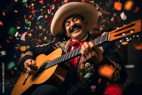 Happy Mariachi Giraffe Celebrating with Guitar and Confetti in Mexican Costume Generative AI