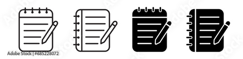 Notepad with pencil icon set. Document, note on paper symbol. Vector 