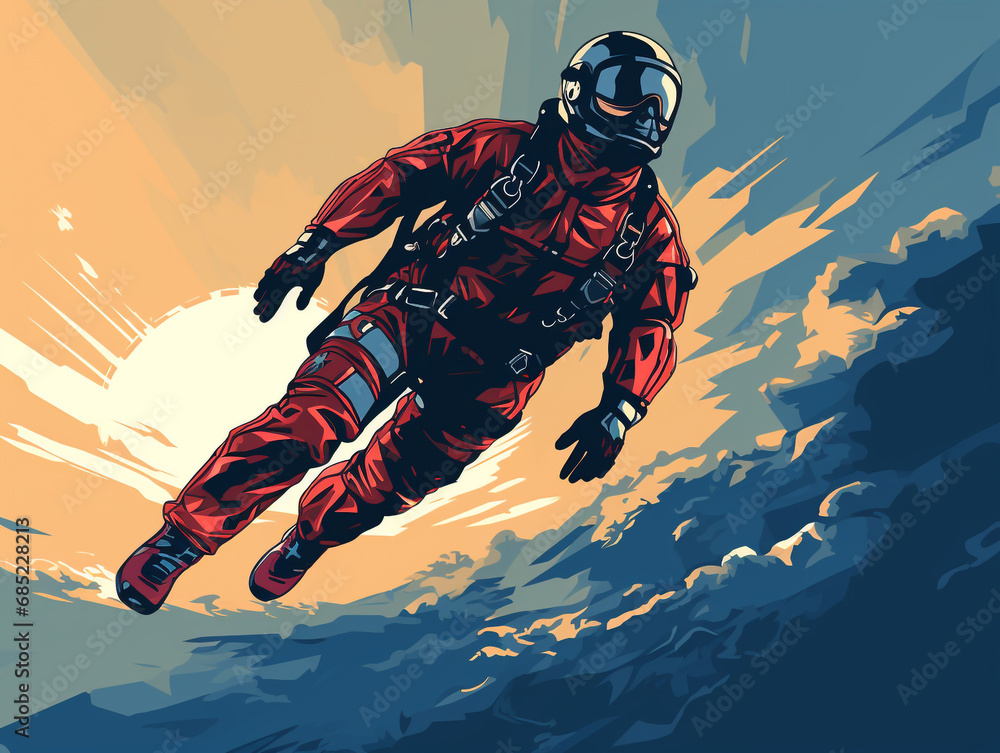Illustration of a high-altitude skydive in a thrilling freefall. Wearing a special suit and helmet as a safety measure.