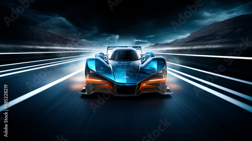 A blue racing car with futuristic LED lighting