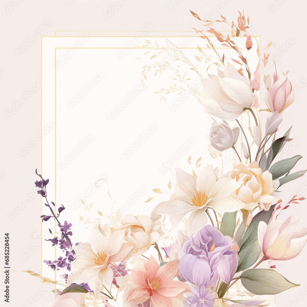 Elegant floral frame of flowers with leaves in nude tones on a light background in watercolor style Elegant floral frame of flowers with leaves in nude tones on a light background in watercolor style