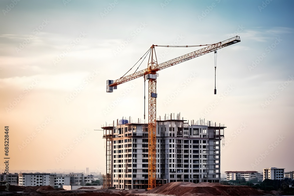 High Rise Construction Crane Standing Tall on Top of Skyscraper Building Generative AI